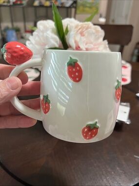 New Strawberry Ceramic Coffee Mug - White with Red Strawberry Accent